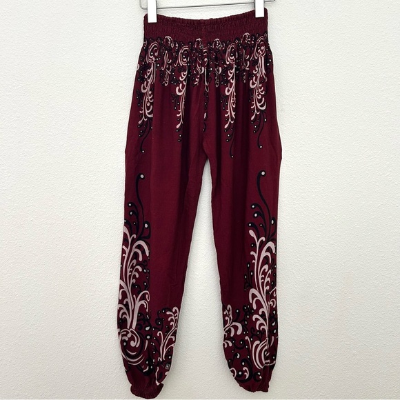Burgundy Smocked Waist Pants Boho Harem Lounge Pattern Festival Size Small - Picture 7 of 10